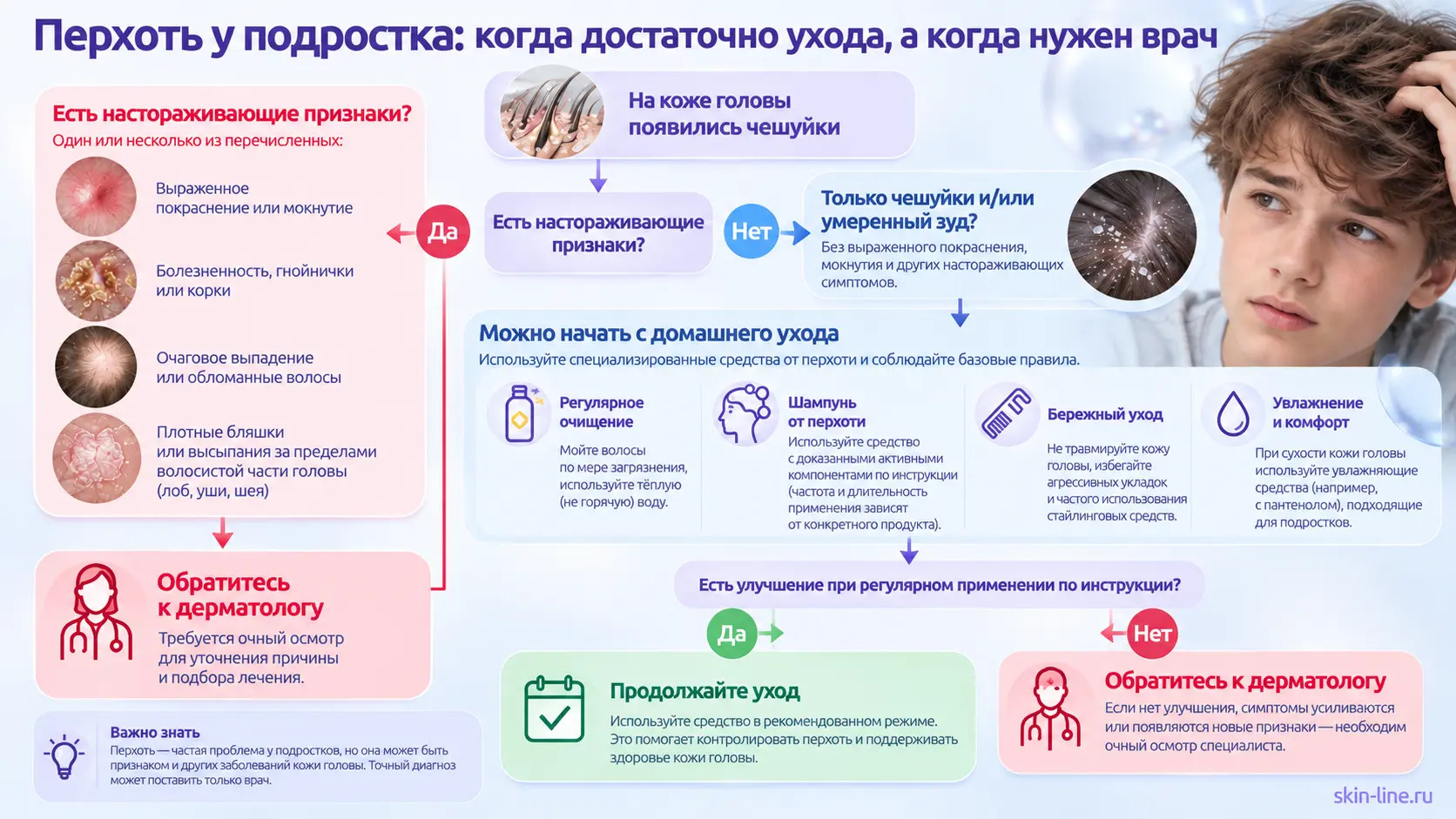 Блок-схема и алгоритм действий: когда при перхоти у подростка достаточно домашнего ухода, а когда требуется консультация дерматолога